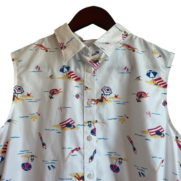 Lands End Women Top 16 White Sleeveless Button Up Beach Summer Novelty Print - Picture 5 of 11